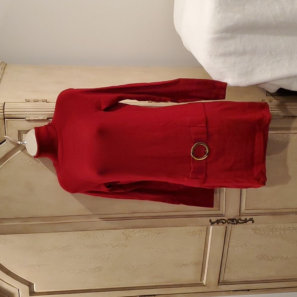 INC International Concepts Red Turtleneck Sweater Dress Belted Mini M